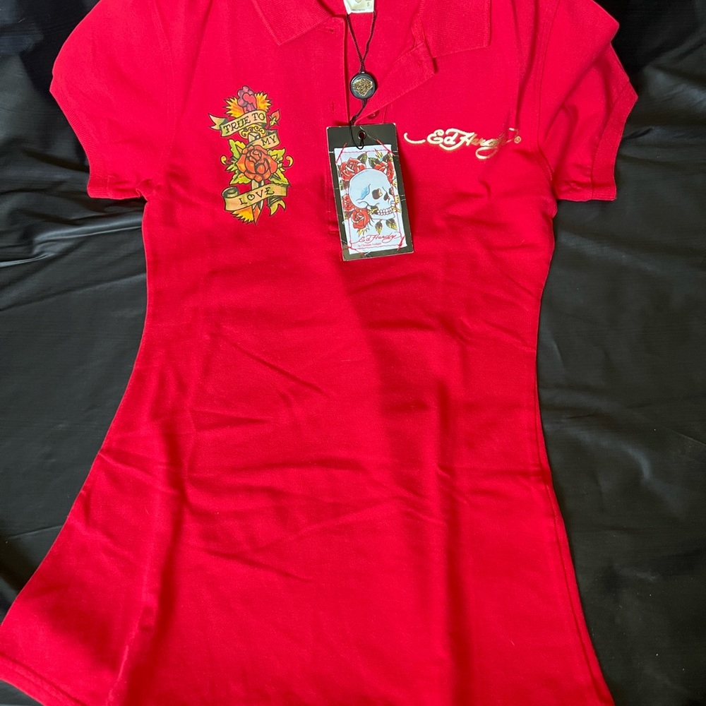 Ed Hardy Red Vintage short sleeve polo shirt size S Dead Pirate +Rhinestones